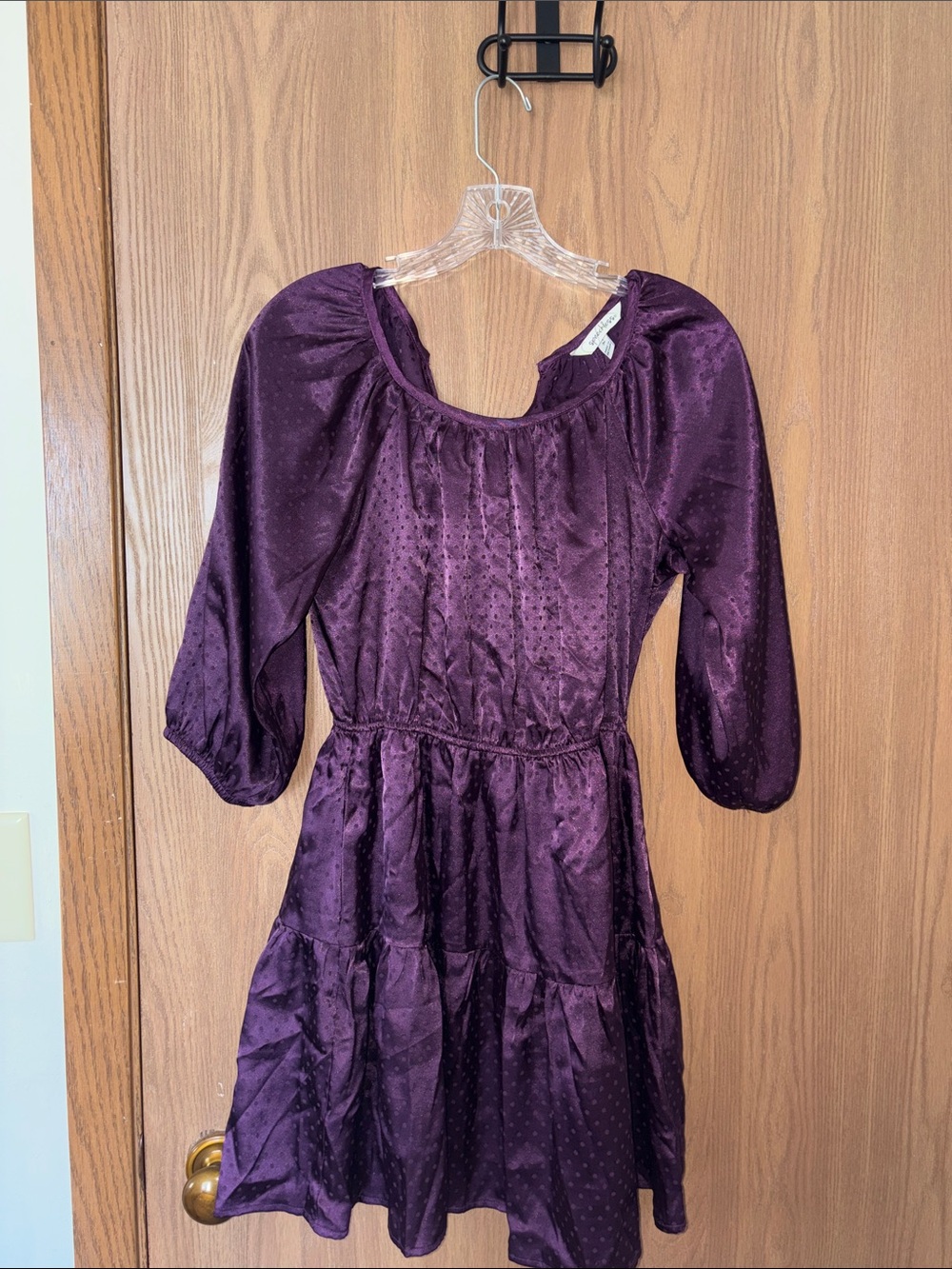Speechless Plum Satin Tiered Mini Dress with Puff Sleeves